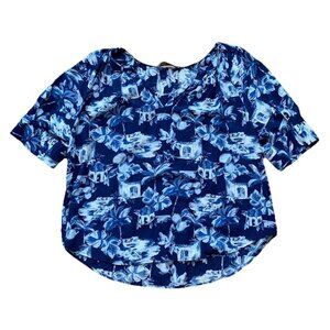 LOFT Blue Corfu Weekend Tropical Blue V-Neck Top Size Large Short Sleeve
